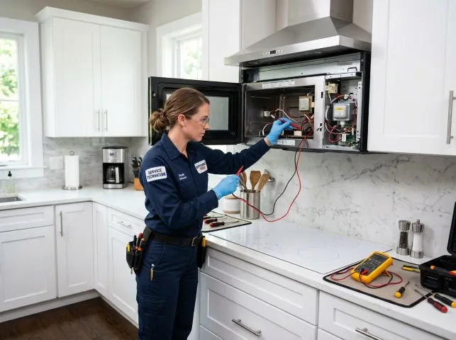 Appliance Repair Hero technician testing an over-the-range microwave in a Benton, AR kitchen